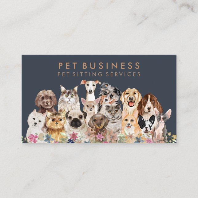 Navy Brown Floral Pet Groomer Spa Dogs Cats Business Card (Front)