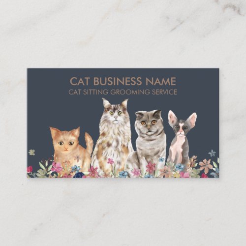 Navy Brown Handdrawing Portrait of Multiple Cats Business Card