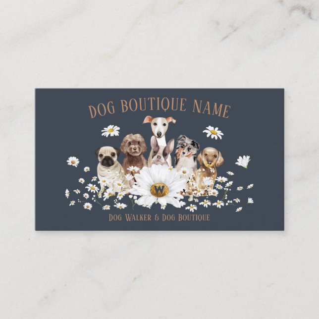 Navy Brown Pet Sitter Daisy Flower Dogs Business Card (Front)