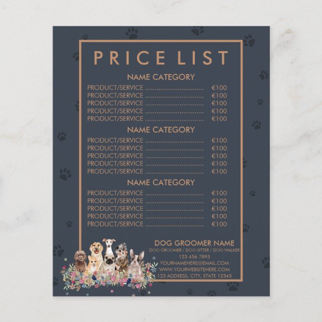 Navy Brown Pet Sitter dog veterinary Price List Flyer