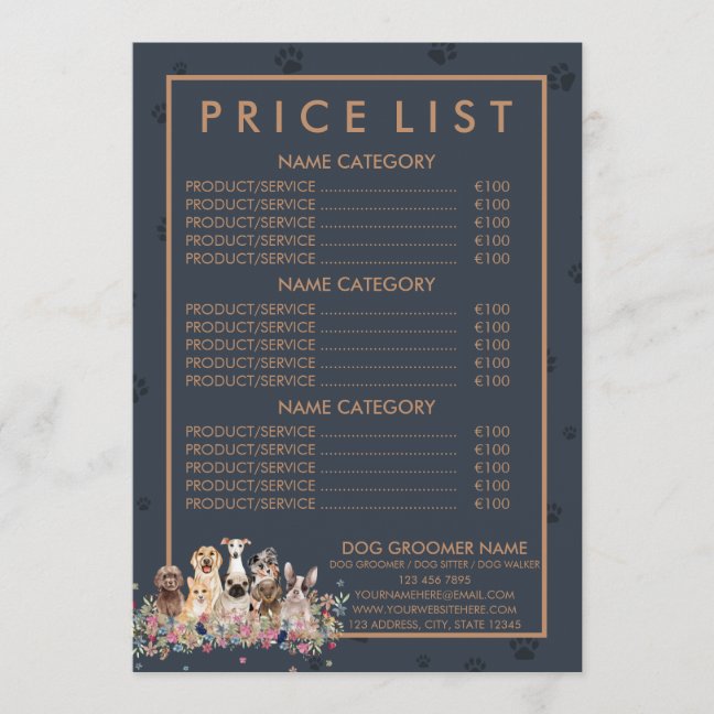 Navy Brown PetSitter dog veterinary Price List Menu