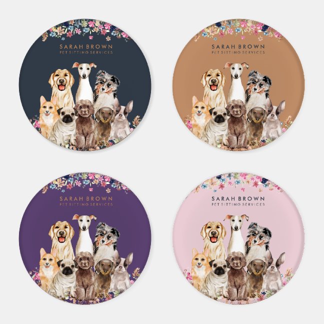 Navy Brown Pink Cute Dogs Coaster Set