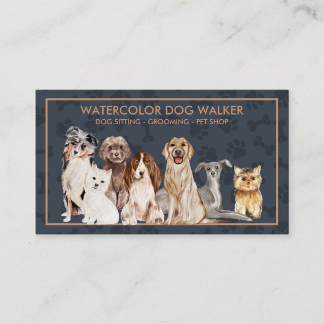 Navy Brown Puppies Dogs Paws Pet Sitter Walker Business Card (Front)