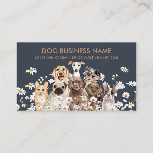 Navy Brown Pups Daisy Flower Dog Groomer Pet Business Card