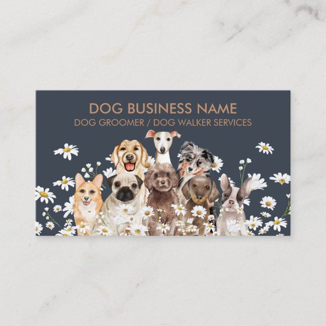 Navy Brown Pups Daisy Flower Dog Groomer Pet Business Card