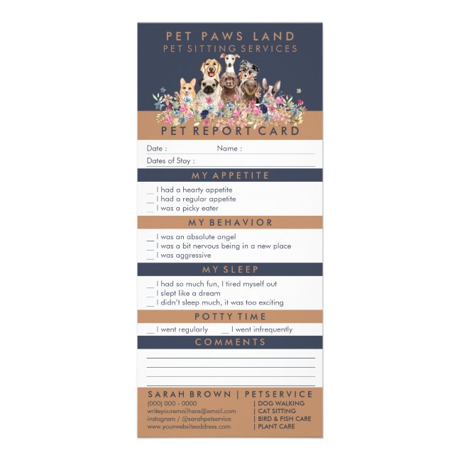 Navy Brown Tone Pet Report Boarding Cute Dogs Rack Card