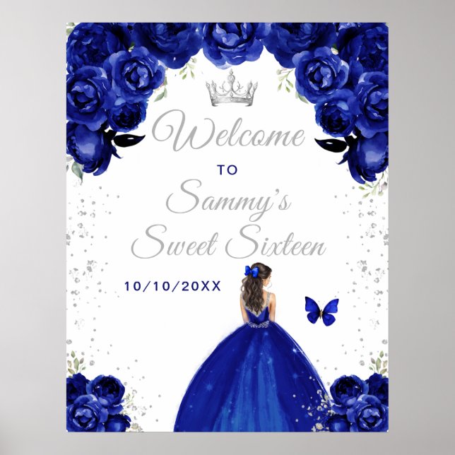 Navy Brunette Hair Princess Sweet Sixteen Welcome Poster (Front)