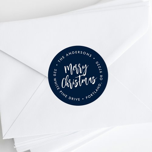 Navy Brush Script Holiday Return Address Classic Round Sticker