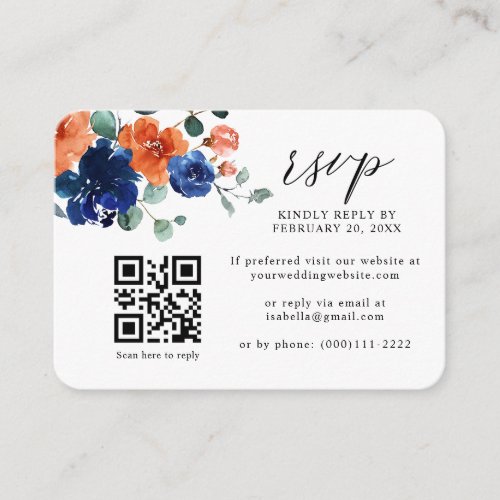 Navy Bue Burnt Orange QR Code Wedding RSVP Enclosure Card