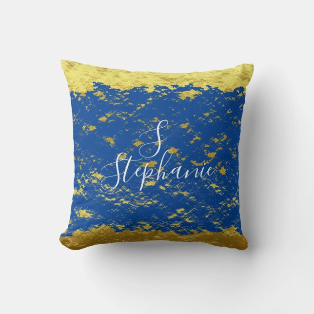 Navy Bue Gold Glittery Monogram Initial Nme Decor Throw Pillow (Front)