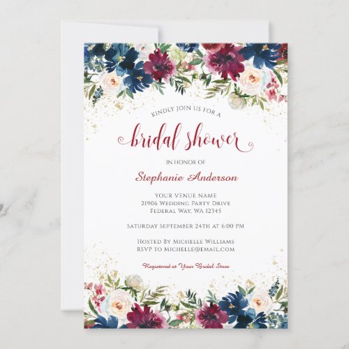 Navy Burgandy Watercolor Floral Bridal Shower Invitation