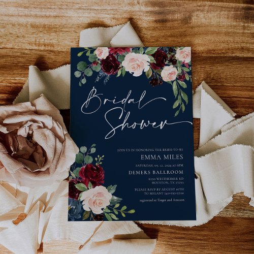 Navy Burgundy and Blush Bridal Shower Invitation