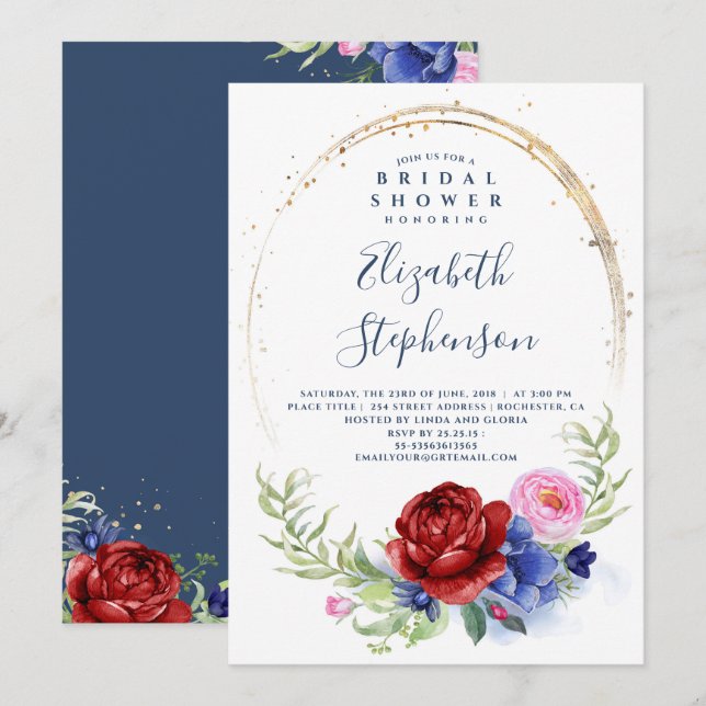 Navy Burgundy and Blush Floral Boho Bridal Shower Invitation (Front/Back)