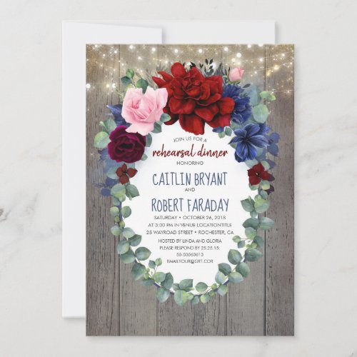 Navy Burgundy and Blush Floral Rehearsal Dinner Invitation