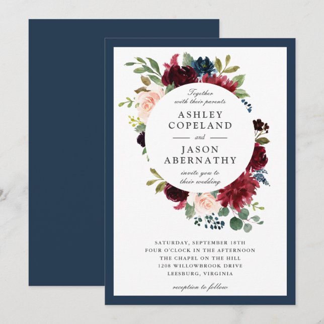 Navy, Burgundy and Blush Framed Floral Wedding Invitation (Front/Back)