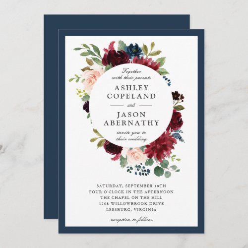 Navy Burgundy and Blush Framed Floral Wedding Invitation