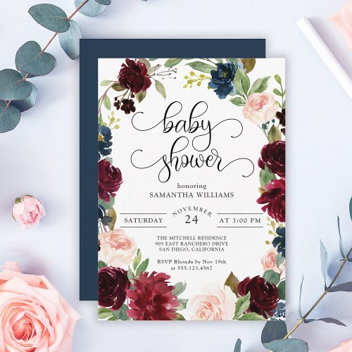 Navy Burgundy and Blush Pink Floral Baby Shower Invitation