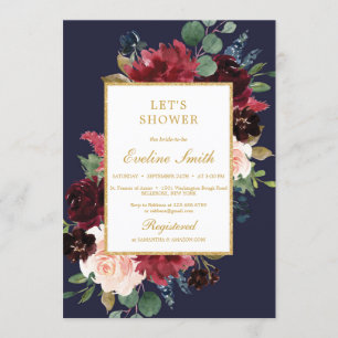 Navy burgundy and blush pink floral with gold invitation