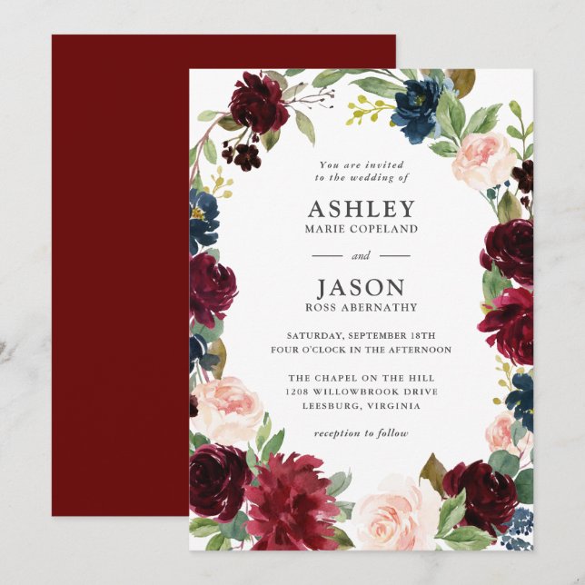 Navy, Burgundy and Blush Watercolor Floral Wedding Invitation (Front/Back)