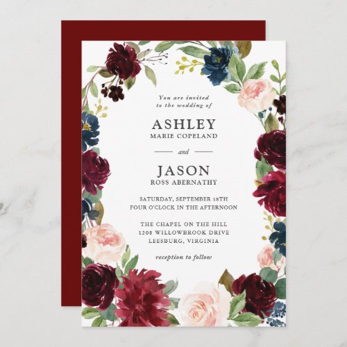 Navy Burgundy and Blush Watercolor Floral Wedding Invitation