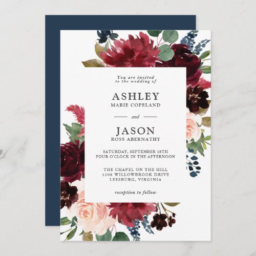 Navy Burgundy and Blush Watercolor Floral Wedding Invitation