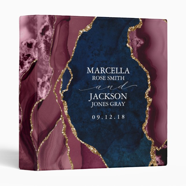 Navy, Burgundy and Gold Agate Wedding Guest/Album 3 Ring Binder (Front/Spine)