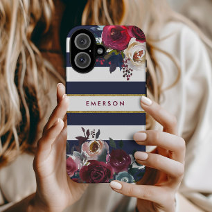 Navy Burgundy and Gold Boho Floral Stripe Monogram iPhone 16 Case