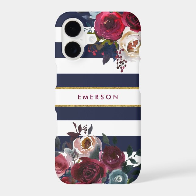 Navy Burgundy and Gold Boho Floral Stripe Monogram Case-Mate iPhone Case (Back)