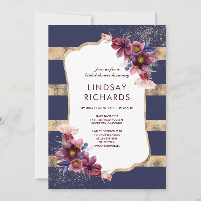 Navy Burgundy and Gold Floral Bridal Shower Invitation (Front)