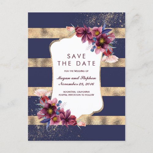 Navy Burgundy and Gold Floral Save the Date Announcement Postcard