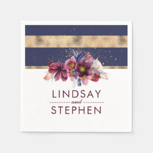 Navy Burgundy and Gold Floral Stripes Wedding Paper Napkins