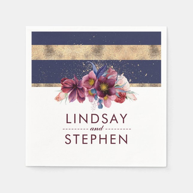 Navy Burgundy and Gold Floral Stripes Wedding Paper Napkins (Front)