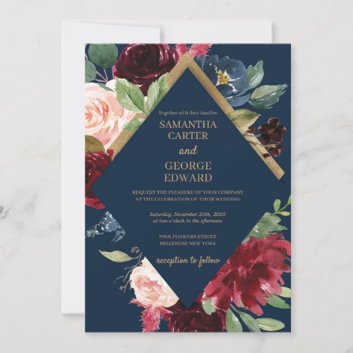 Navy burgundy and gold foil boho winter wedding invitation