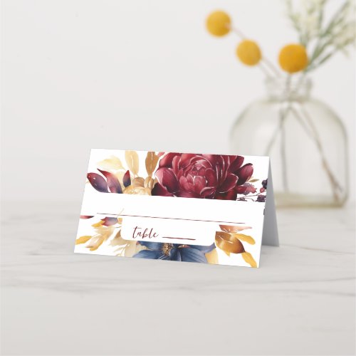 Navy Burgundy Autumn Watercolor Floral Place Card