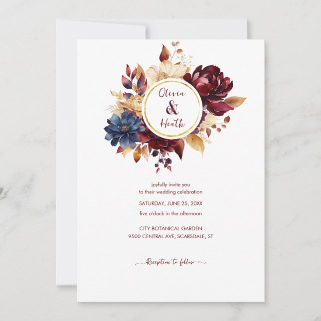 Navy Burgundy Autumn Wedding Invitation (Front)