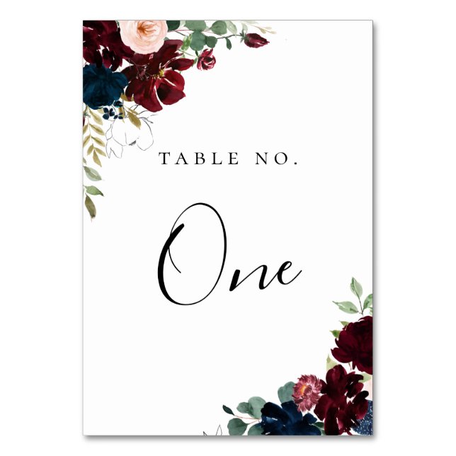 Navy Burgundy Blush Fall Floral Table Number (Front)
