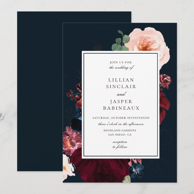 Navy Burgundy Blush Fall Floral Wedding Invitation (Front/Back)