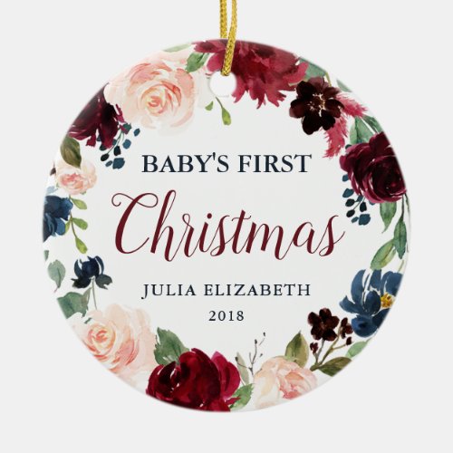 Navy Burgundy Blush Floral Babys First Christmas Ceramic Ornament