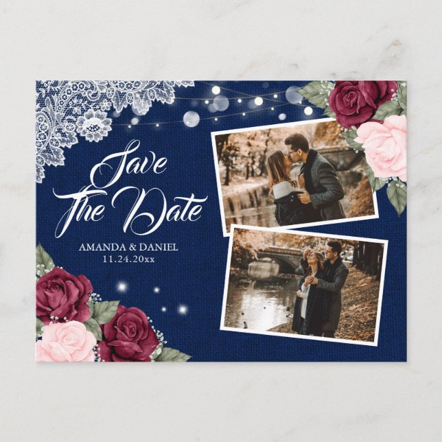 Navy Burgundy Blush Floral Burlap Lace Photo Announcement Postcard (Front)