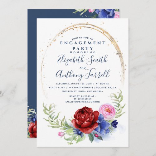 Navy Burgundy Blush Floral Engagement Party Invitation