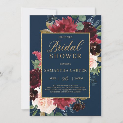 Navy burgundy blush floral gold bridal shower invitation