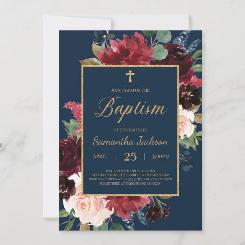 Navy burgundy blush floral gold frame baptism invitation