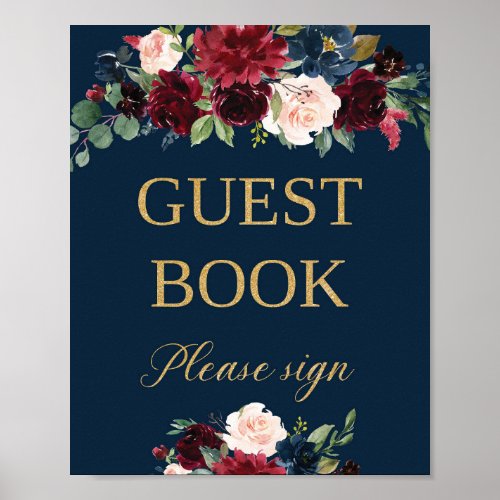 Navy burgundy blush floral gold guest book sign