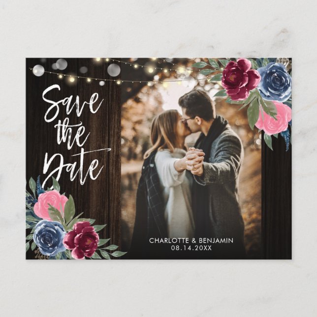 Navy Burgundy Blush Floral Photo Save The Date Postcard (Front)