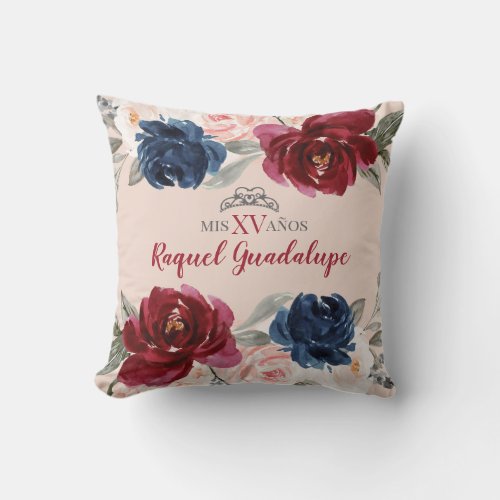 Navy Burgundy Blush Floral Quinceaera Pillow