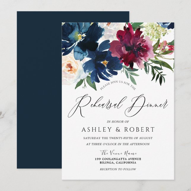 Navy, Burgundy & Blush Floral Rehearsal Dinner Invitation (Front/Back)