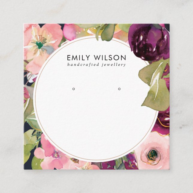 NAVY BURGUNDY BLUSH FLORAL STUD EARRING DISPLAY SQUARE BUSINESS CARD (Front)