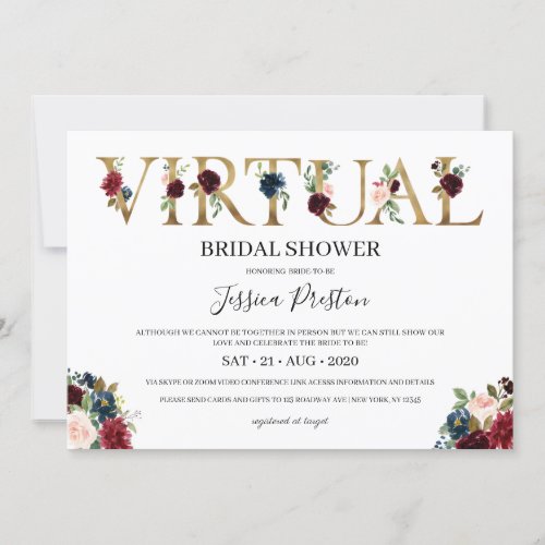 Navy Burgundy Blush Floral Virtual Bridal Shower Invitation