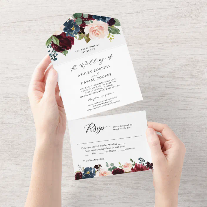Vintage Floral Navy Day or Evening Personalised Wedding Invitations with RSVP 