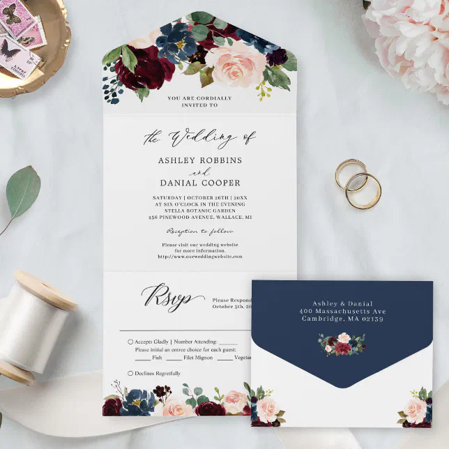 Navy Burgundy Blush Floral Wedding Details RSVP All In One Invitation ...